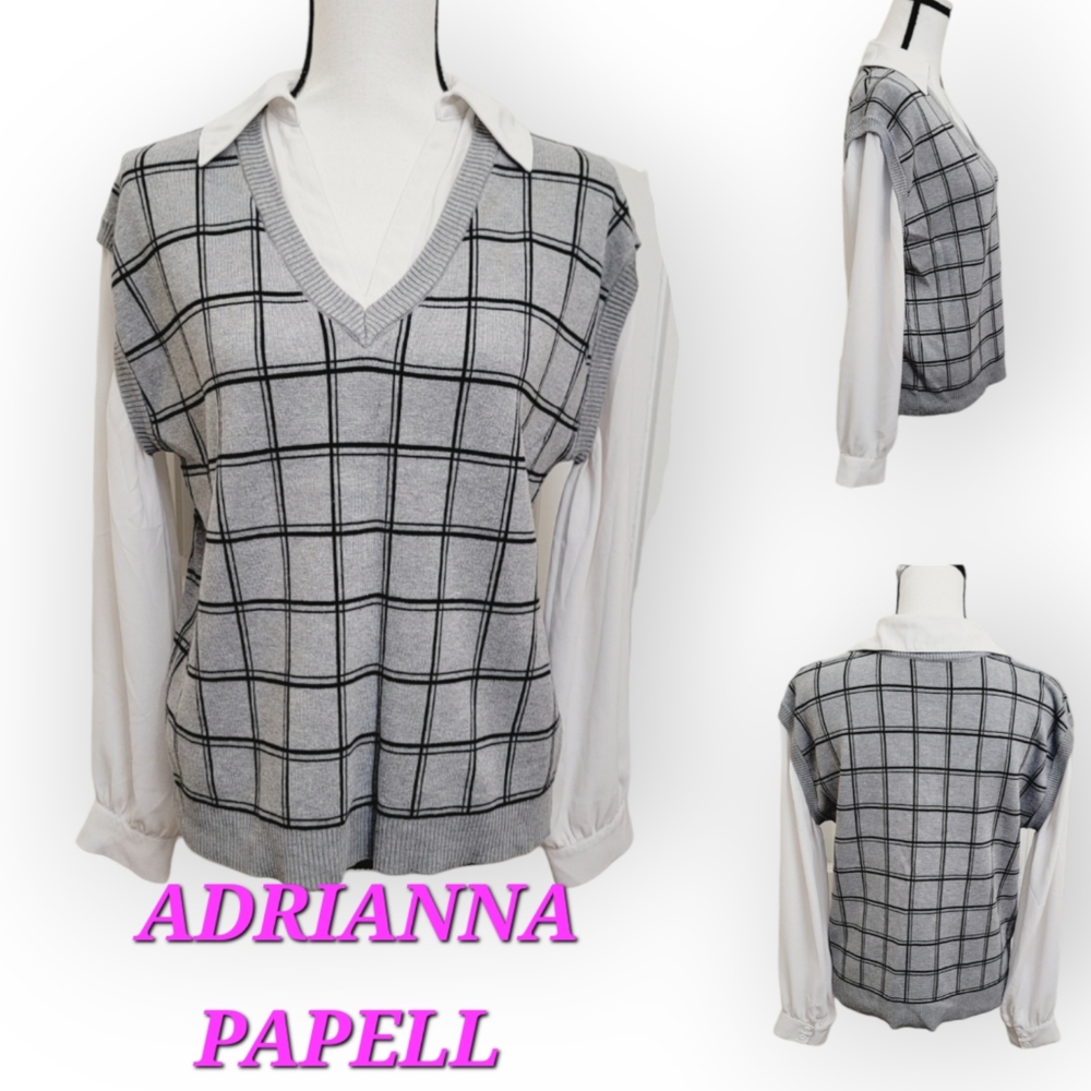 ADRIANNA PAPELL Plaid sweater blouse/shirt